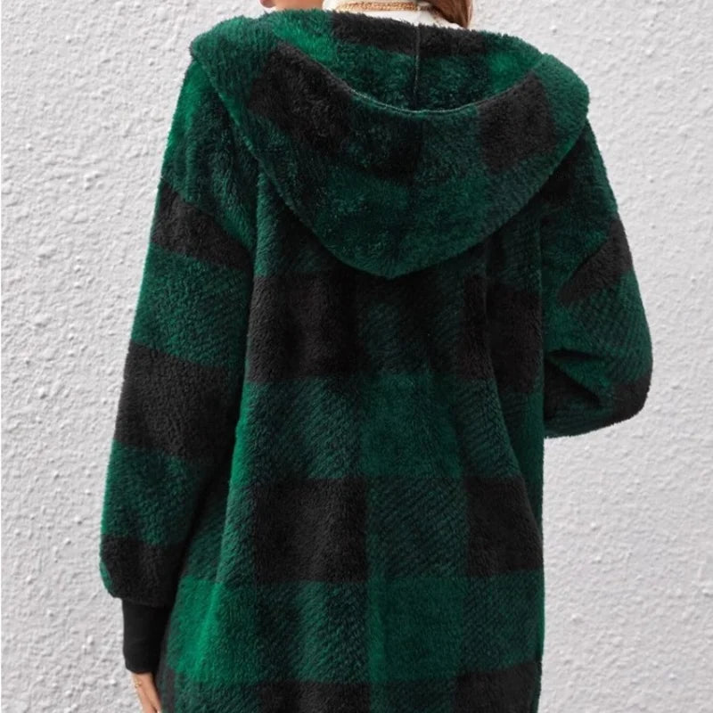 Cardigan polaire à carreaux pour femme – Capuche et coupe ample