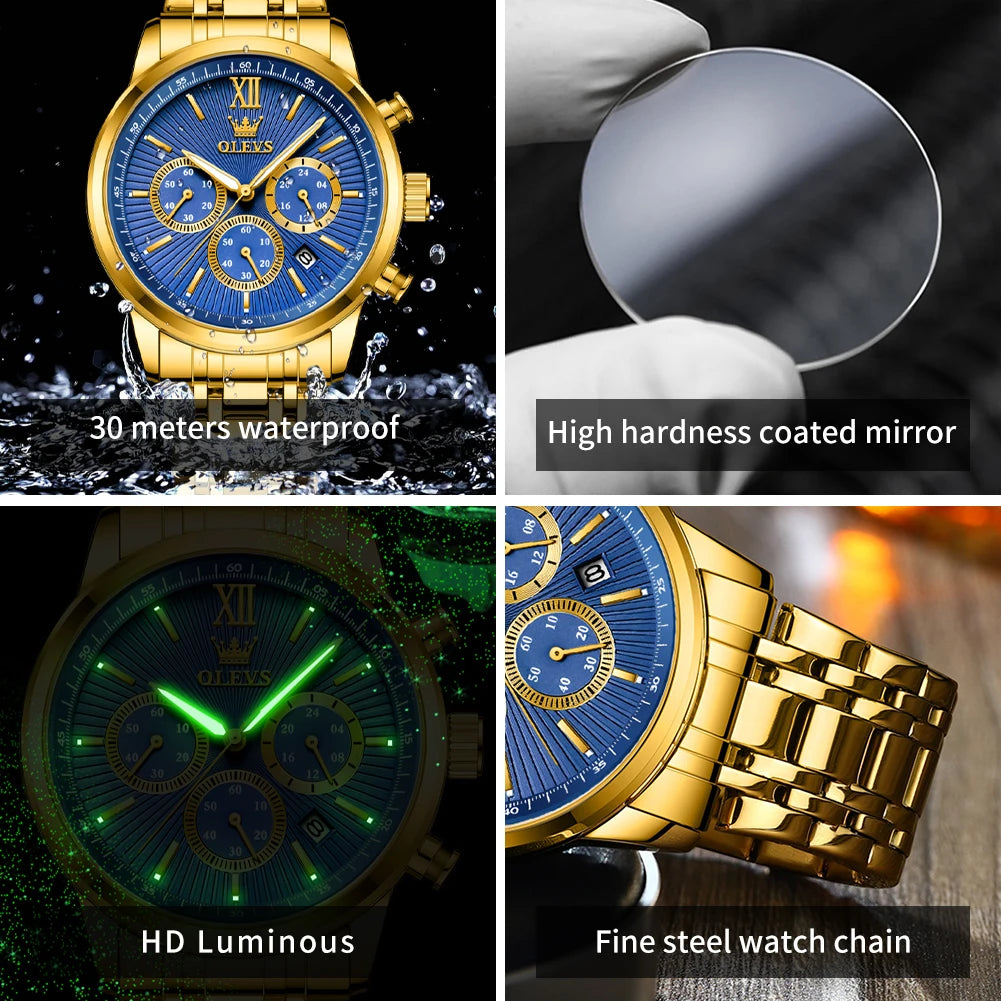 Montre Or OLEVS Homme - Chronographe Acier Étanche