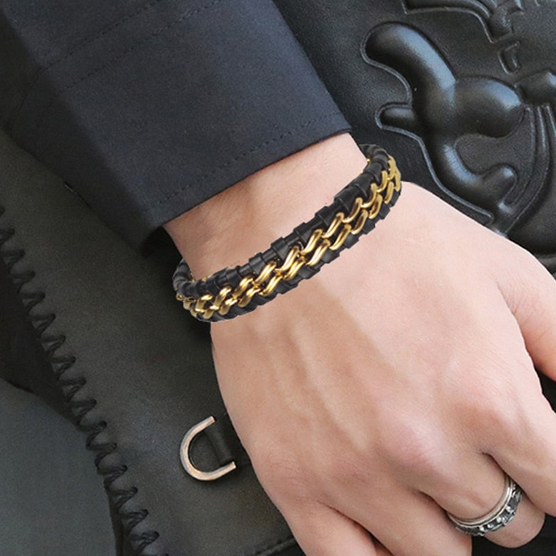 Bracelet Chaîne Cuir Homme - Fermoir Magnétique Doré