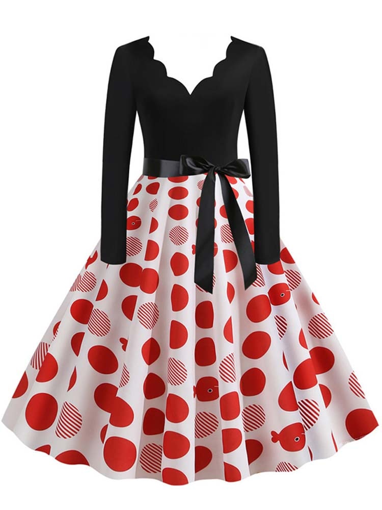 Women Long Sleeve Vintage Polka Dot Dress Pin Up Gothic Winter New Year Party Dresses 3XL Black Vestidos