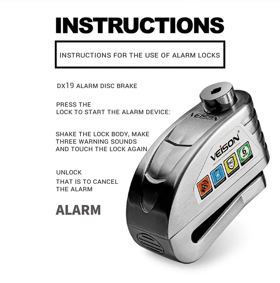 VEISON Motorcycle Alarm Lock Bike Disc Lock Warning 130DB Security Anti Theft Waterproof Brake Rotor Padlock Disc Brake Lock
