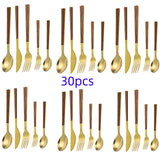 30pcs Stainless Steel Imitation Wooden Handle Cutlery Set Dinnerware Clamp Western Tableware Knife Fork Tea Spoon