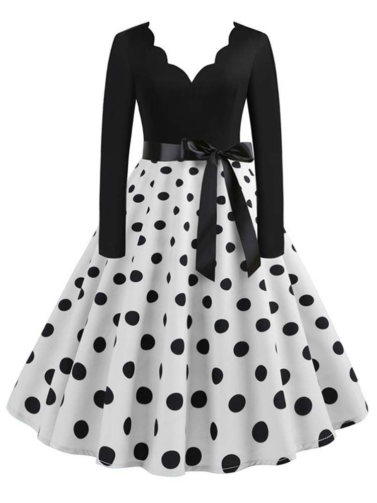 Women Long Sleeve Vintage Polka Dot Dress Pin Up Gothic Winter New Year Party Dresses 3XL Black Vestidos