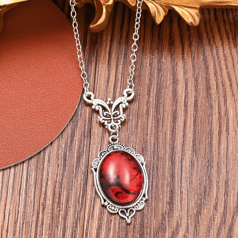 Collier Pendentif Quartz Rouge - Ovale Gothique Halloween
