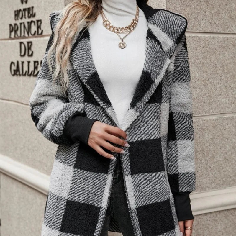 Cardigan polaire à carreaux pour femme – Capuche et coupe ample