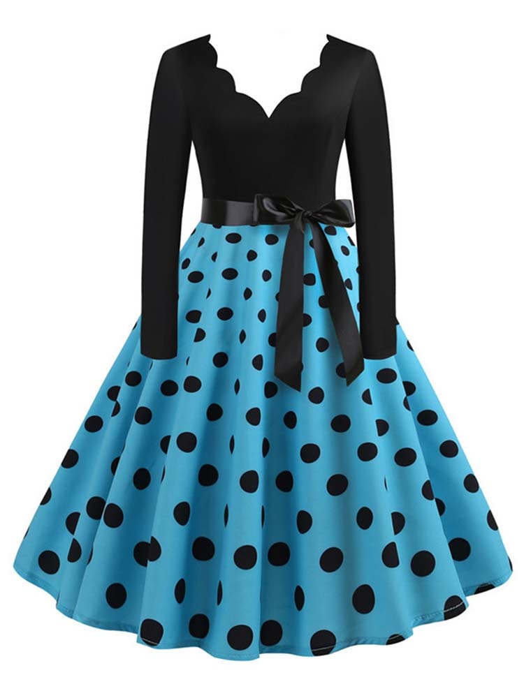 Women Long Sleeve Vintage Polka Dot Dress Pin Up Gothic Winter New Year Party Dresses 3XL Black Vestidos