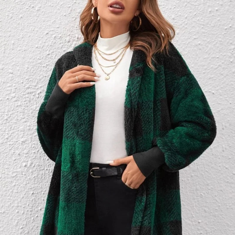 Cardigan polaire à carreaux pour femme – Capuche et coupe ample