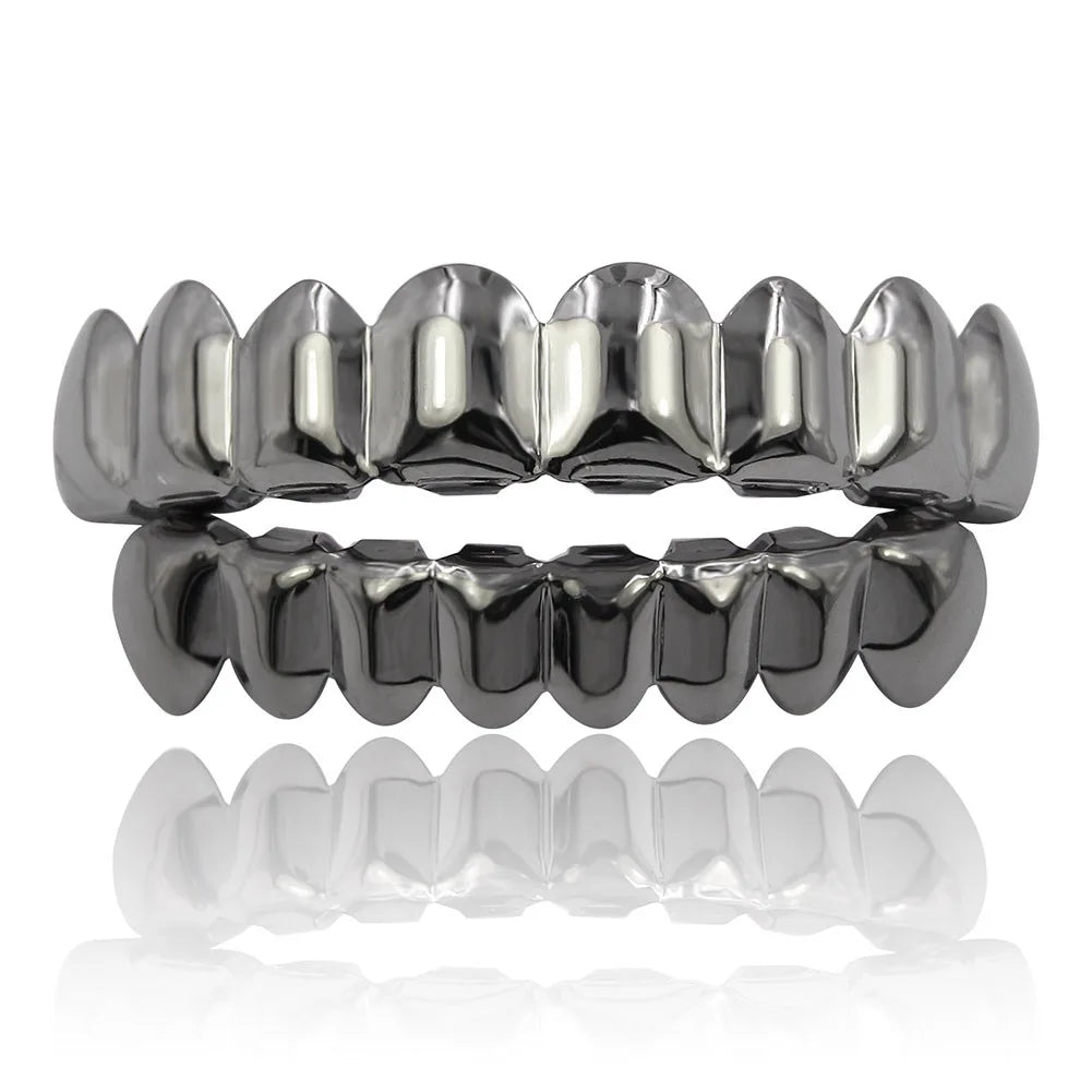 RACHELZ Hip Hop 8/6 dents de couleur noire Grillz Punk haut bas brillant bouchons de dents décor pour femmes hommes bijoux Halloween Cosplay