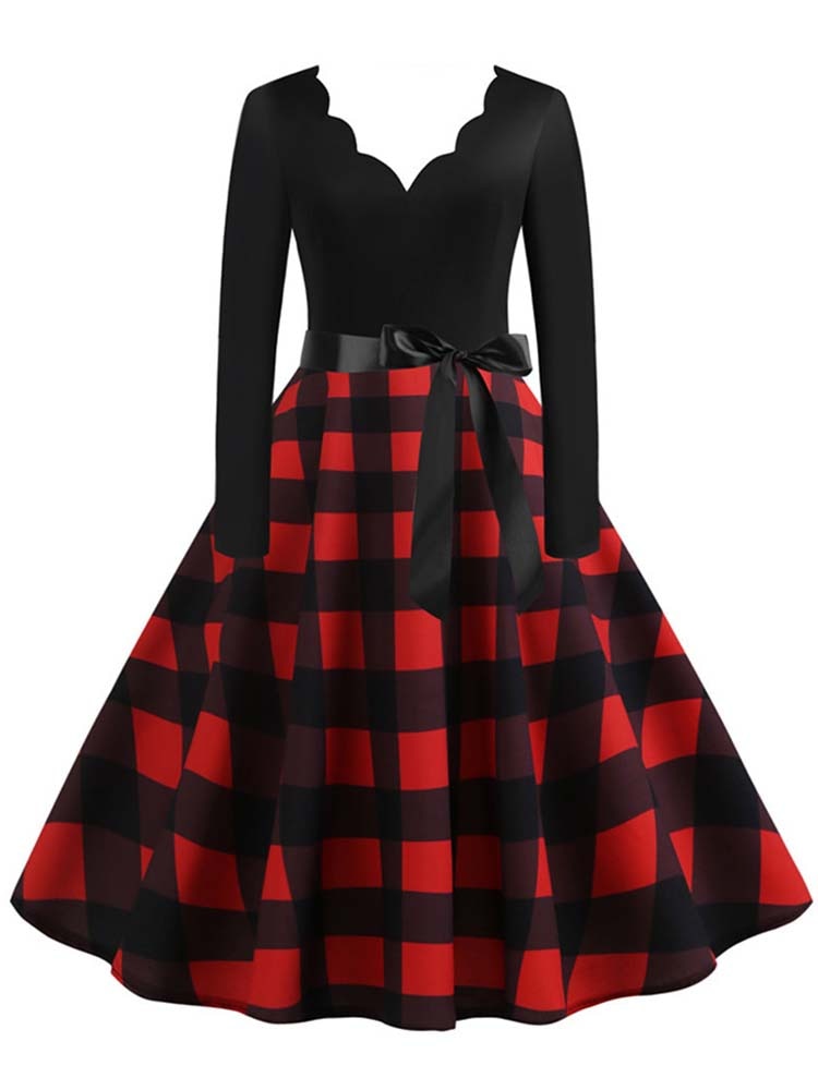Women Long Sleeve Vintage Polka Dot Dress Pin Up Gothic Winter New Year Party Dresses 3XL Black Vestidos