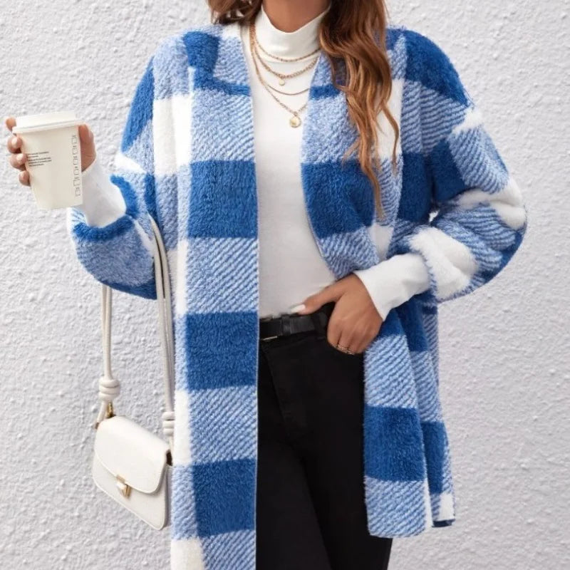 Cardigan polaire à carreaux pour femme – Capuche et coupe ample