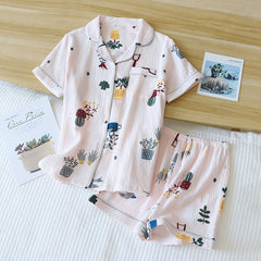 Japanese summer new ladies cotton gauze short sleeve shorts pajamas suit cute heart-shaped thin section home service suit woman