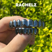 RACHELZ Hip Hop 8/6 dents de couleur noire Grillz Punk haut bas brillant bouchons de dents décor pour femmes hommes bijoux Halloween Cosplay