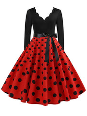 Women Long Sleeve Vintage Polka Dot Dress Pin Up Gothic Winter New Year Party Dresses 3XL Black Vestidos