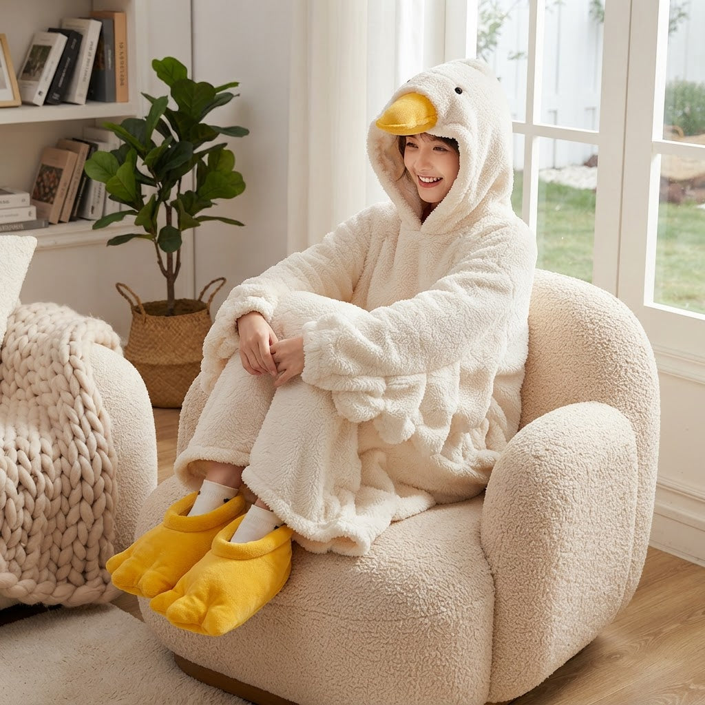 Stay cozy and warm during cold seasons with the New Big Goose Coral Velvet Pajamas for Men and Women in Winter Funny Couple Cute Cartoon Elizabeth Duck Home Clothes.