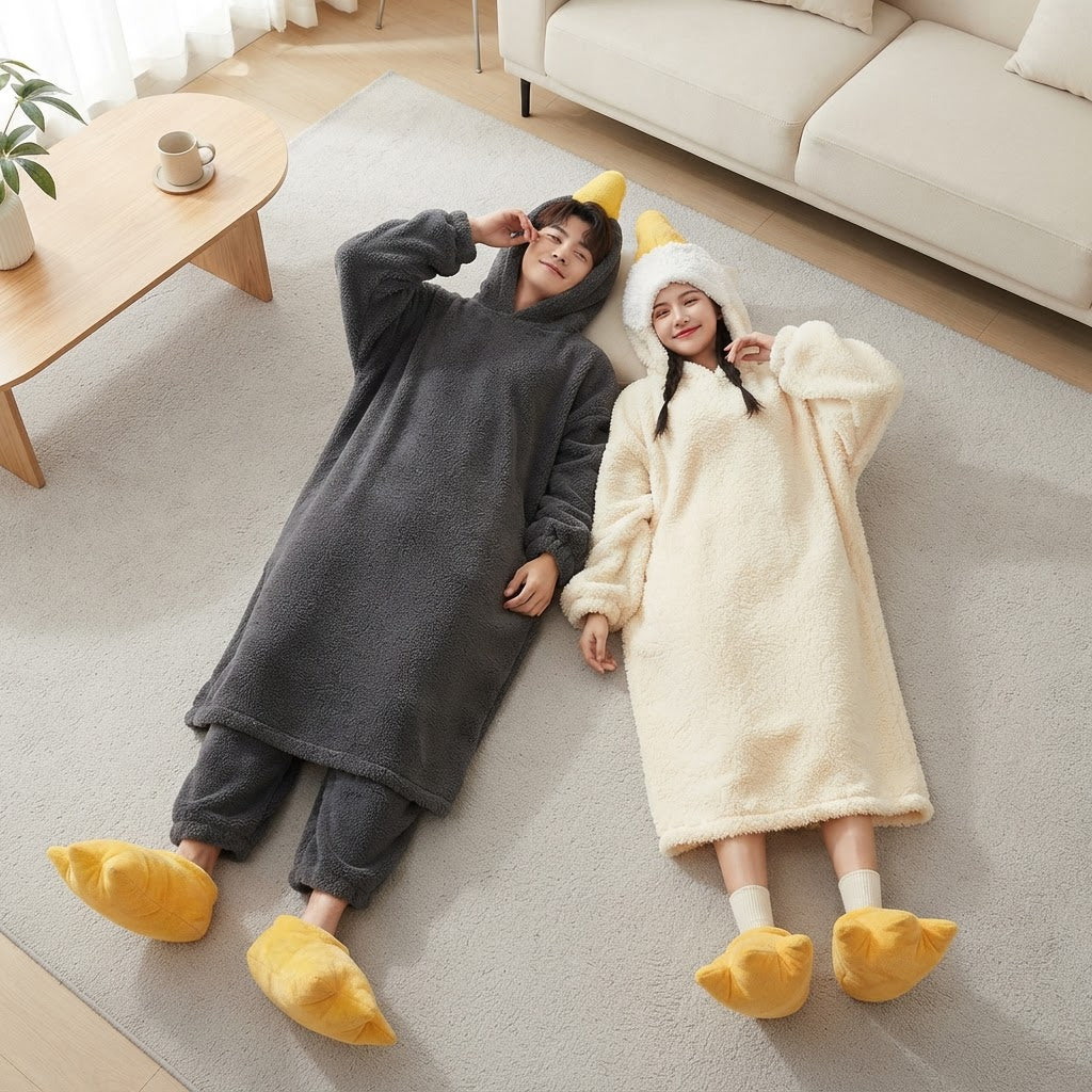 Enjoy versatile and inclusive style with the unisex design of the New Big Goose Coral Velvet Pajamas for Men and Women in Winter Funny Couple Cute Cartoon Elizabeth Duck Home Clothes, ideal for couples and individuals alike.