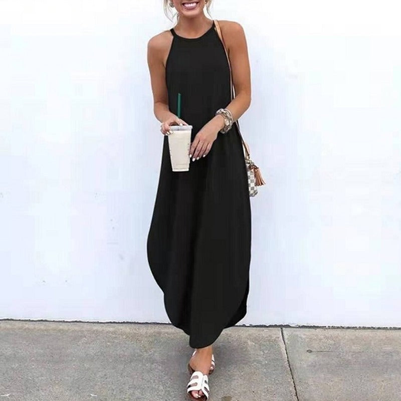 Robe longue de plage sans manches pour femmes, décontractée, rétro, col rond, écharpe, vêtements de plage, grande taille, été, 2021