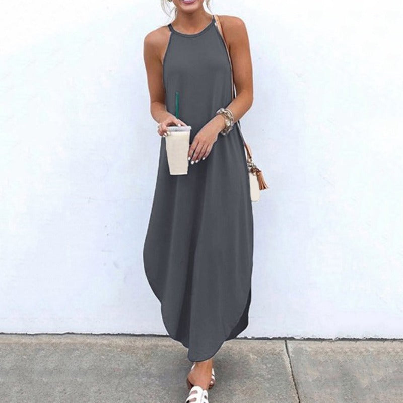 Robe longue de plage sans manches pour femmes, décontractée, rétro, col rond, écharpe, vêtements de plage, grande taille, été, 2021