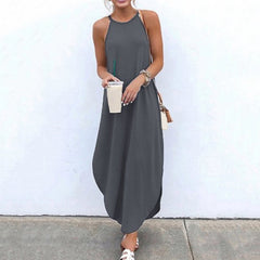 Robe longue de plage sans manches pour femmes, décontractée, rétro, col rond, écharpe, vêtements de plage, grande taille, été, 2021