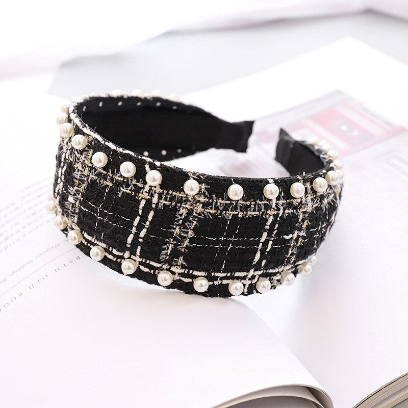 Bandeau cheveux en laine à carreaux avec nœud et perles pour femme