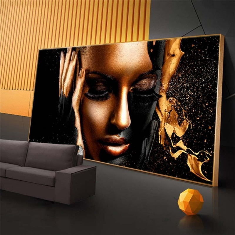 Peinture Huile Femme Africaine Or Noir - Affiche Murale Salon