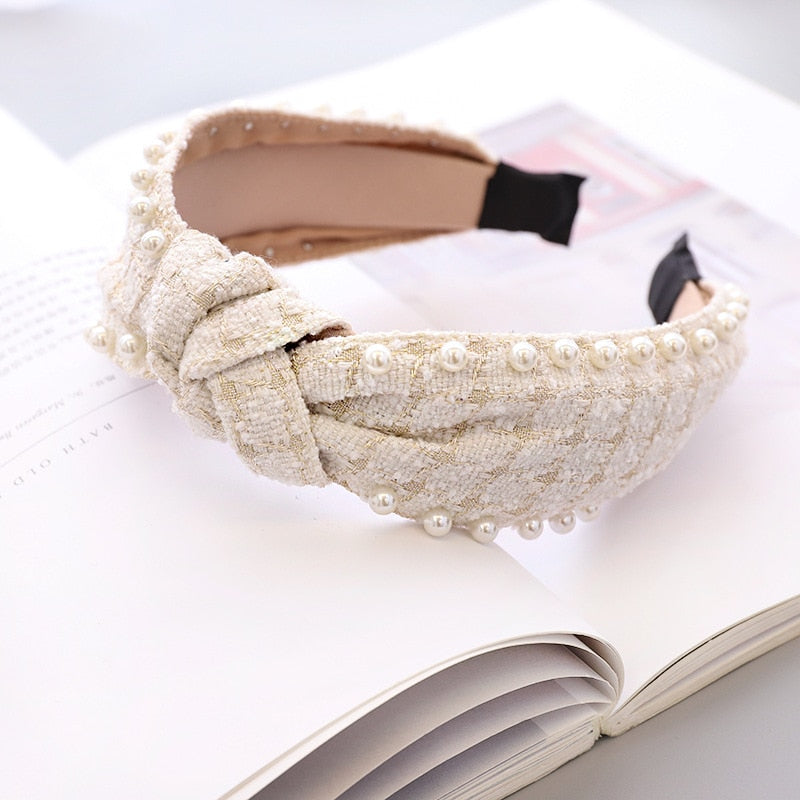 Bandeau cheveux en laine à carreaux avec nœud et perles pour femme