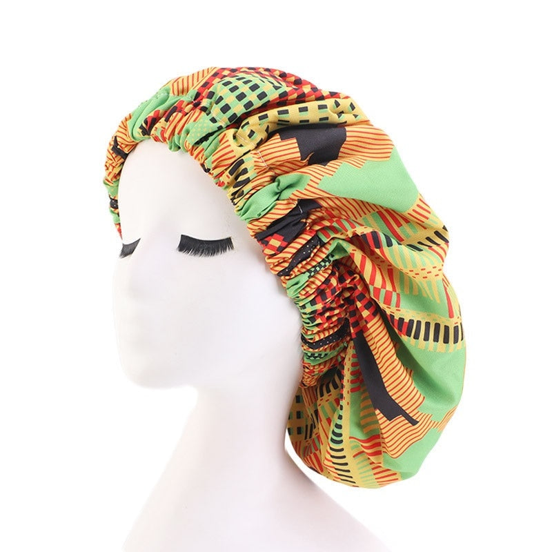 Bonnet Satin Motif Ankara - Foulard Tête Double Couche