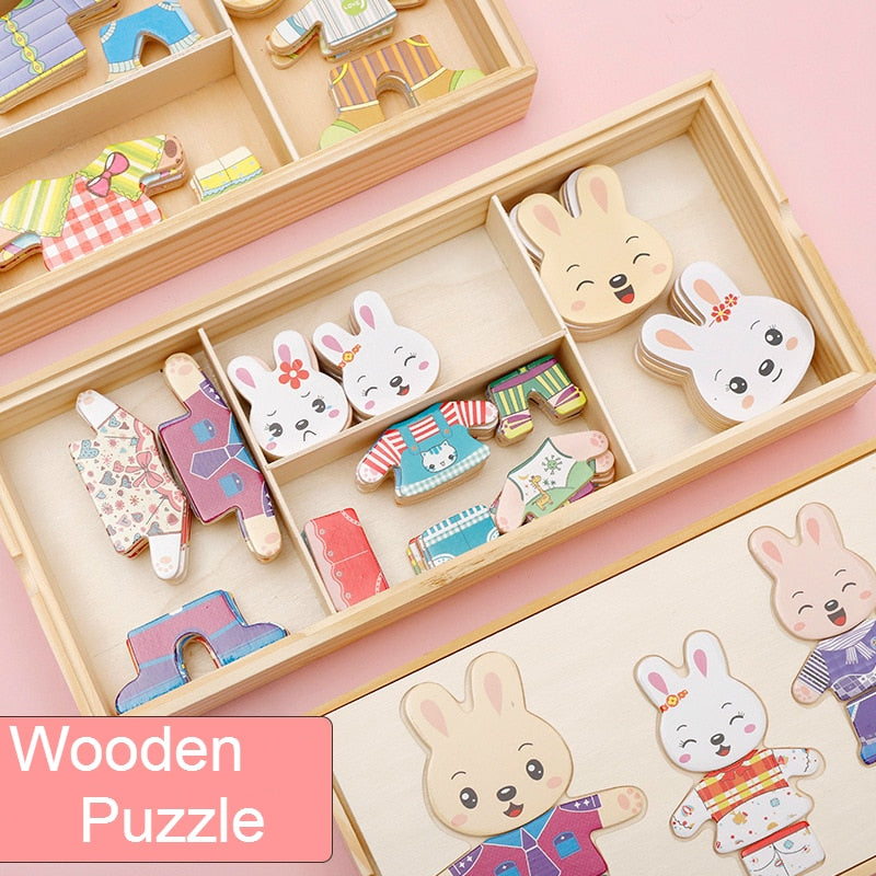Puzzle en bois 72 pièces ours et lapin à habiller – Jouet Montessori