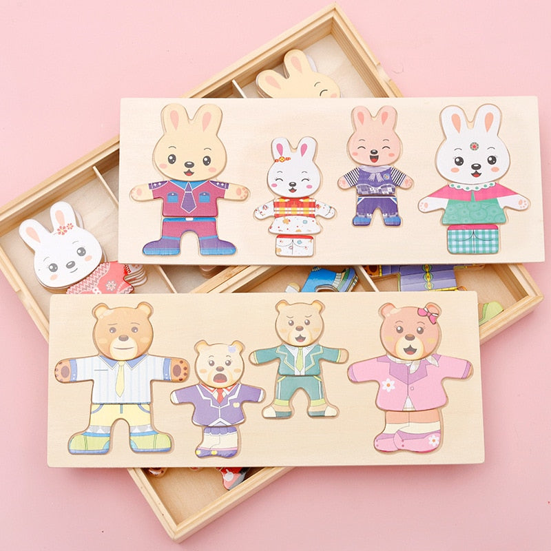 Puzzle en bois 72 pièces ours et lapin à habiller – Jouet Montessori
