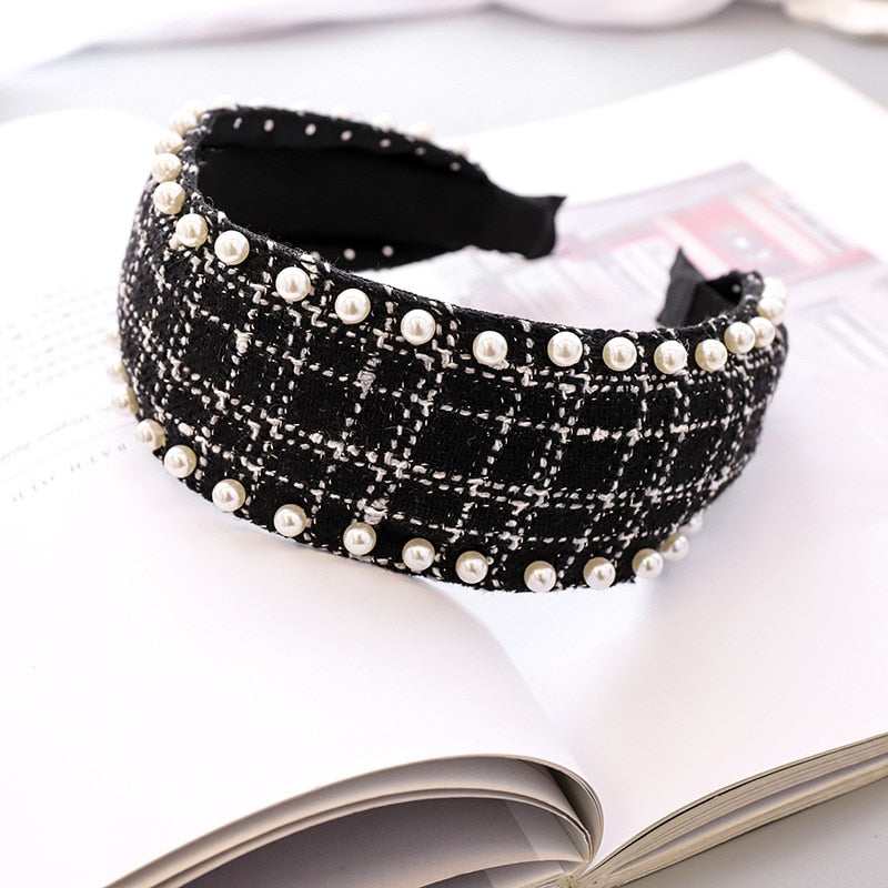 Bandeau cheveux en laine à carreaux avec nœud et perles pour femme