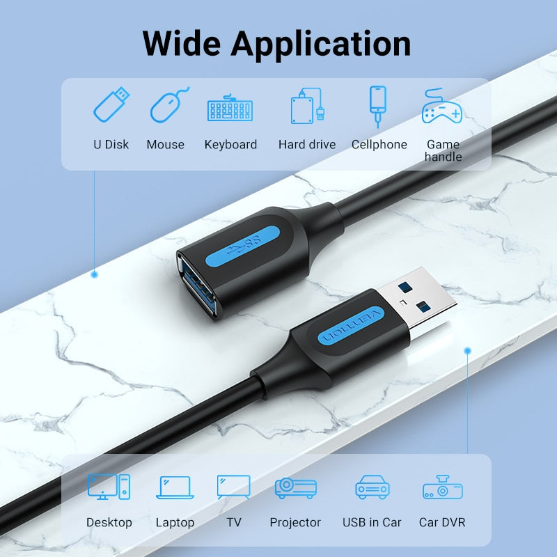 Câble d'extension USB 3.0 Vention – Compatible TV, SSD, Xbox, PC, laptop