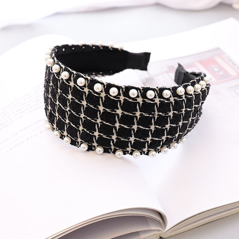 Bandeau cheveux en laine à carreaux avec nœud et perles pour femme