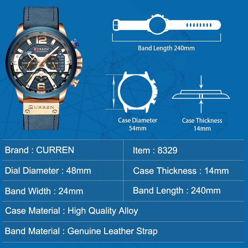 Montre chronographe homme Curren cuir – Sport, étanche, style militaire