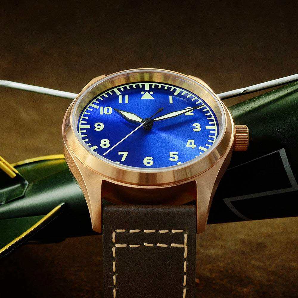 Montre pilote mécanique San Martin Bronze – Lumineux, étanche 200 m