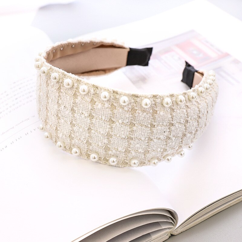 Bandeau cheveux en laine à carreaux avec nœud et perles pour femme