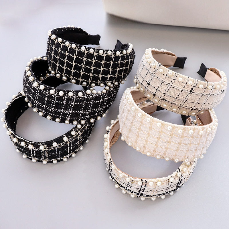 Bandeau cheveux en laine à carreaux avec nœud et perles pour femme