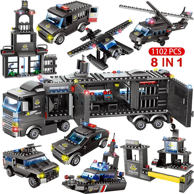 Jeu de construction 8 en 1 police – Voiture, camion et hélicoptère SWAT