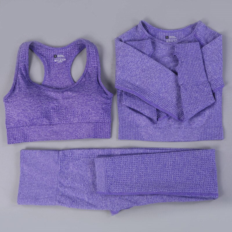 Ensemble sport femme 3 pièces sans couture – Legging, brassière et veste