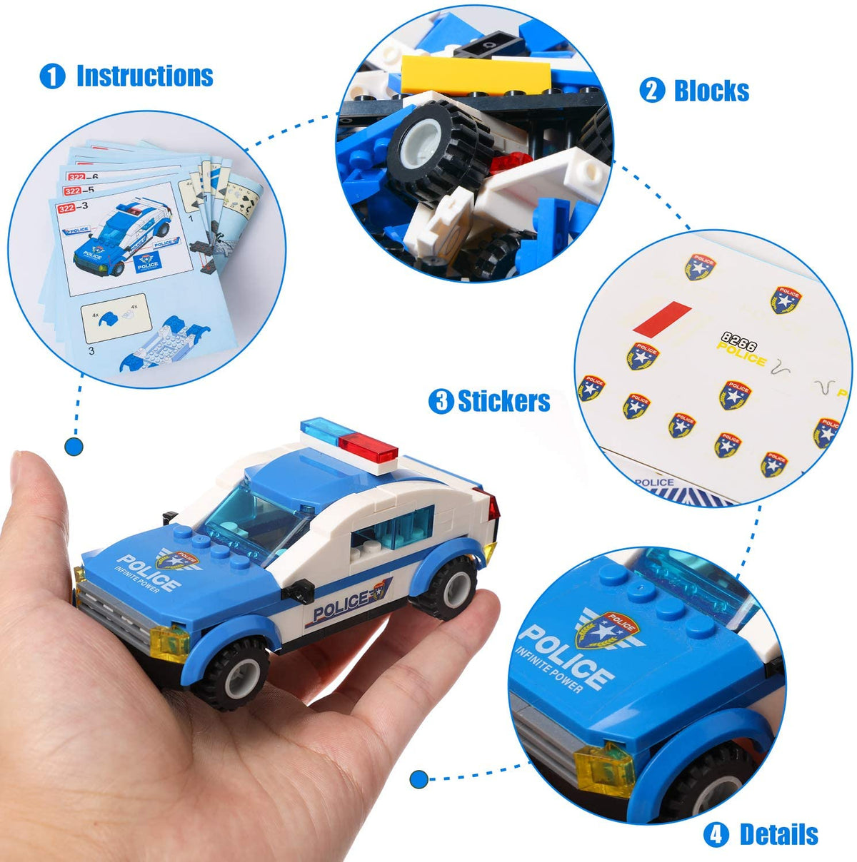 Jeu de construction 8 en 1 police – Voiture, camion et hélicoptère SWAT