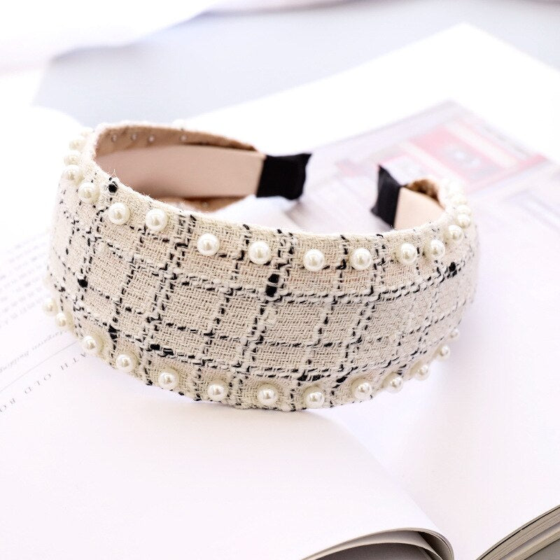 Bandeau cheveux en laine à carreaux avec nœud et perles pour femme