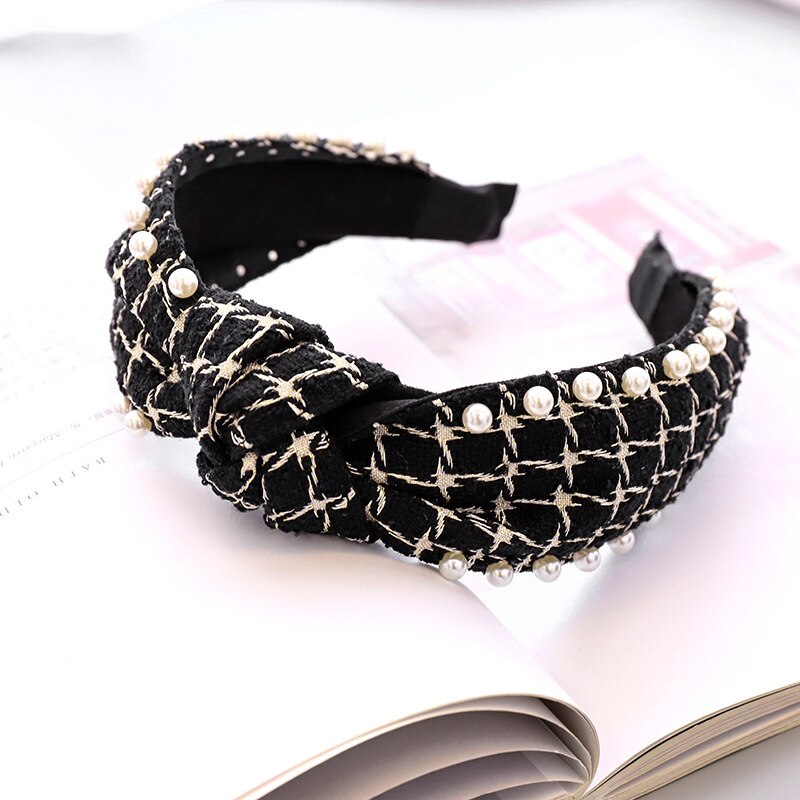 Bandeau cheveux en laine à carreaux avec nœud et perles pour femme