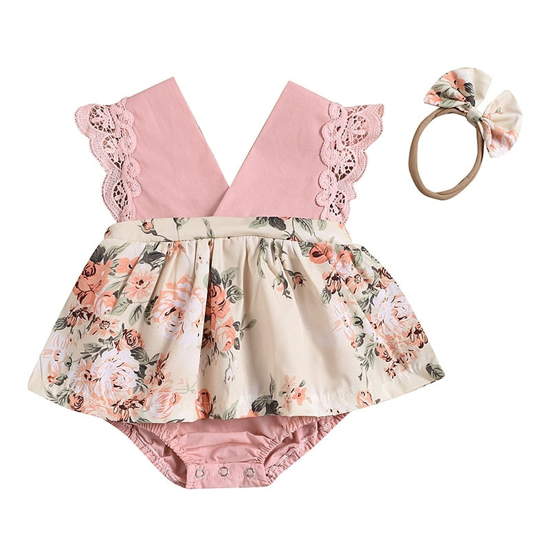 Ensemble 2 pièces bébé fille – Body fleuri et tutu avec bandeau