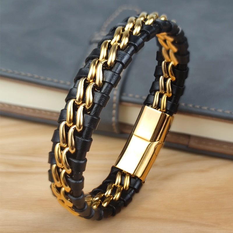 Bracelet Chaîne Cuir Homme - Fermoir Magnétique Doré