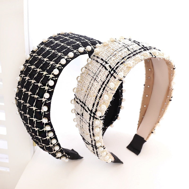 Bandeau cheveux en laine à carreaux avec nœud et perles pour femme