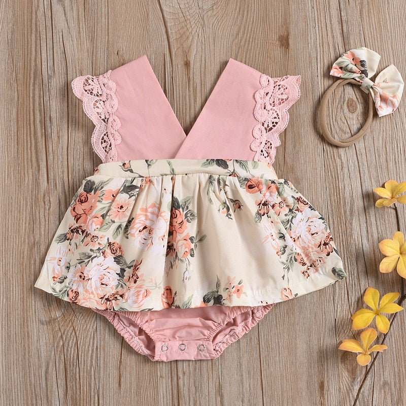 Ensemble 2 pièces bébé fille – Body fleuri et tutu avec bandeau