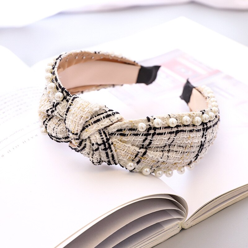 Bandeau cheveux en laine à carreaux avec nœud et perles pour femme
