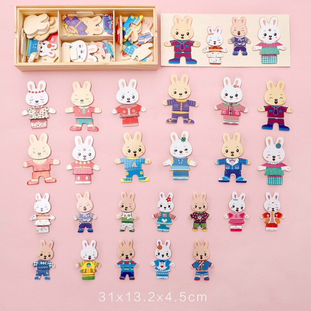Puzzle en bois 72 pièces ours et lapin à habiller – Jouet Montessori