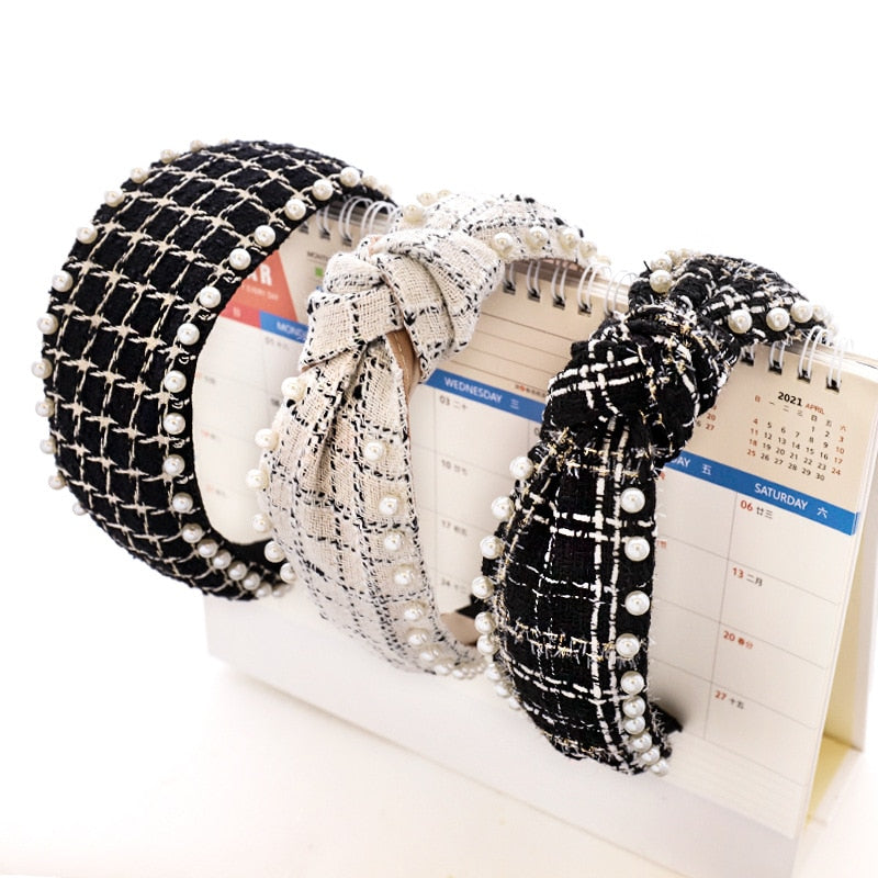 Bandeau cheveux en laine à carreaux avec nœud et perles pour femme