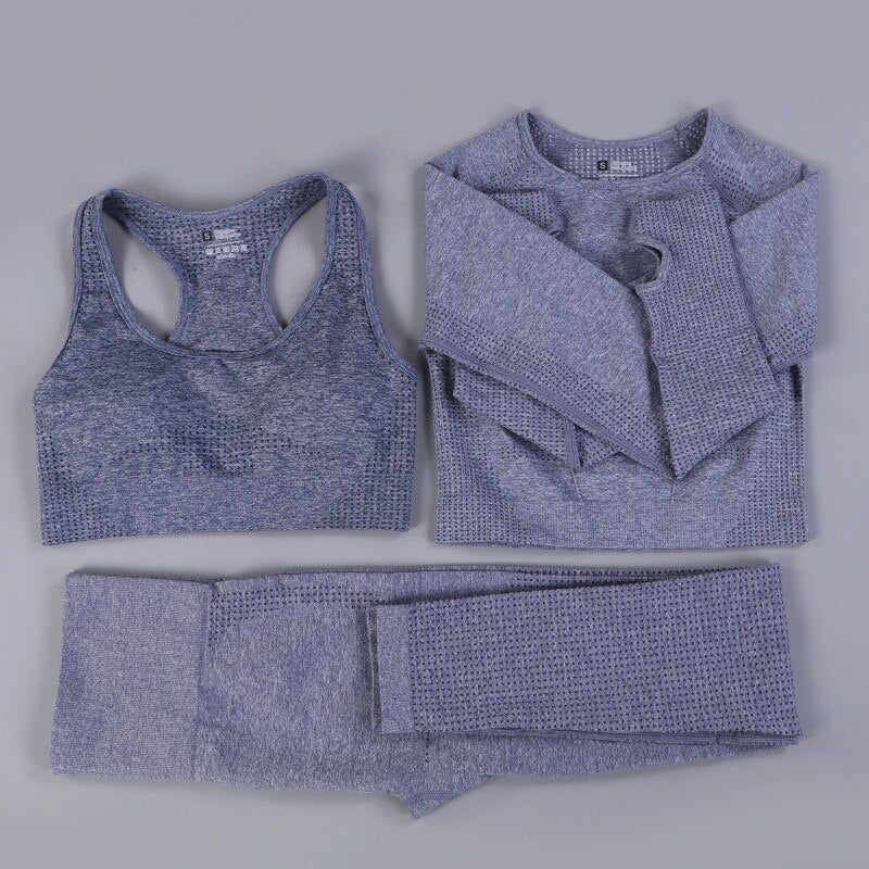 Ensemble sport femme 3 pièces sans couture – Legging, brassière et veste