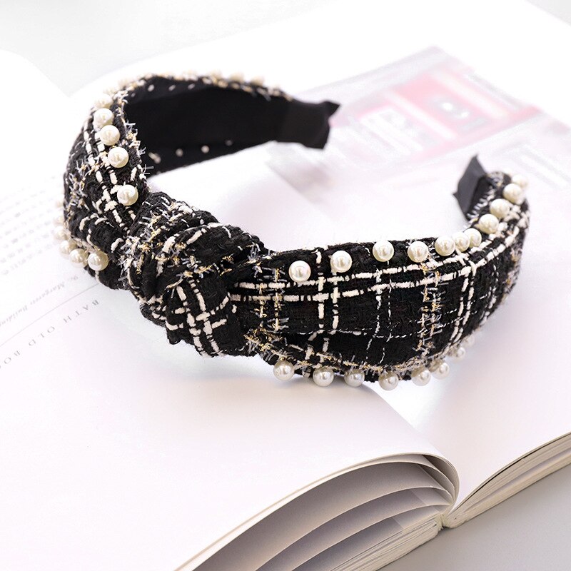 Bandeau cheveux en laine à carreaux avec nœud et perles pour femme
