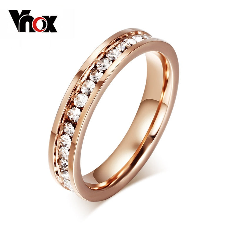 Bague femme Vnox plaquée or rose pavée de zircons 4 mm – Acier inox